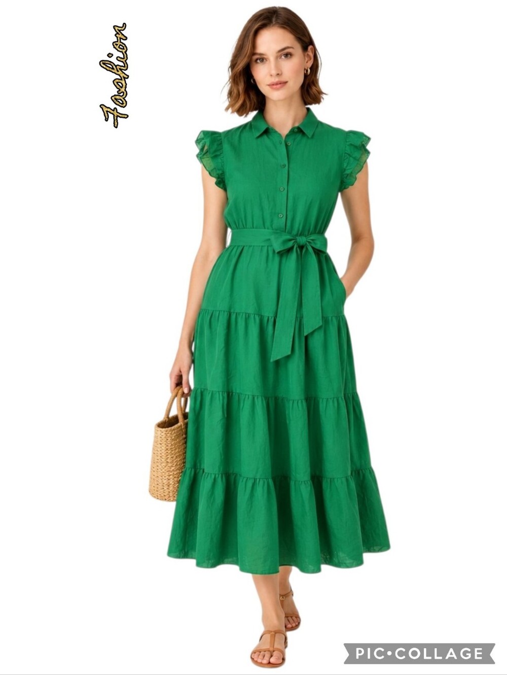 Fashion midi dress gathered tiered  collar button front, ruffle sleeves & belt